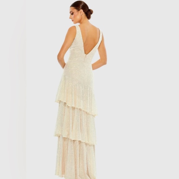 Mac Duggal‎ 27046 Sequin Asymmetrical Ruffle Tiered Gown Beige 8 Maxi Dress - Picture 2 of 9